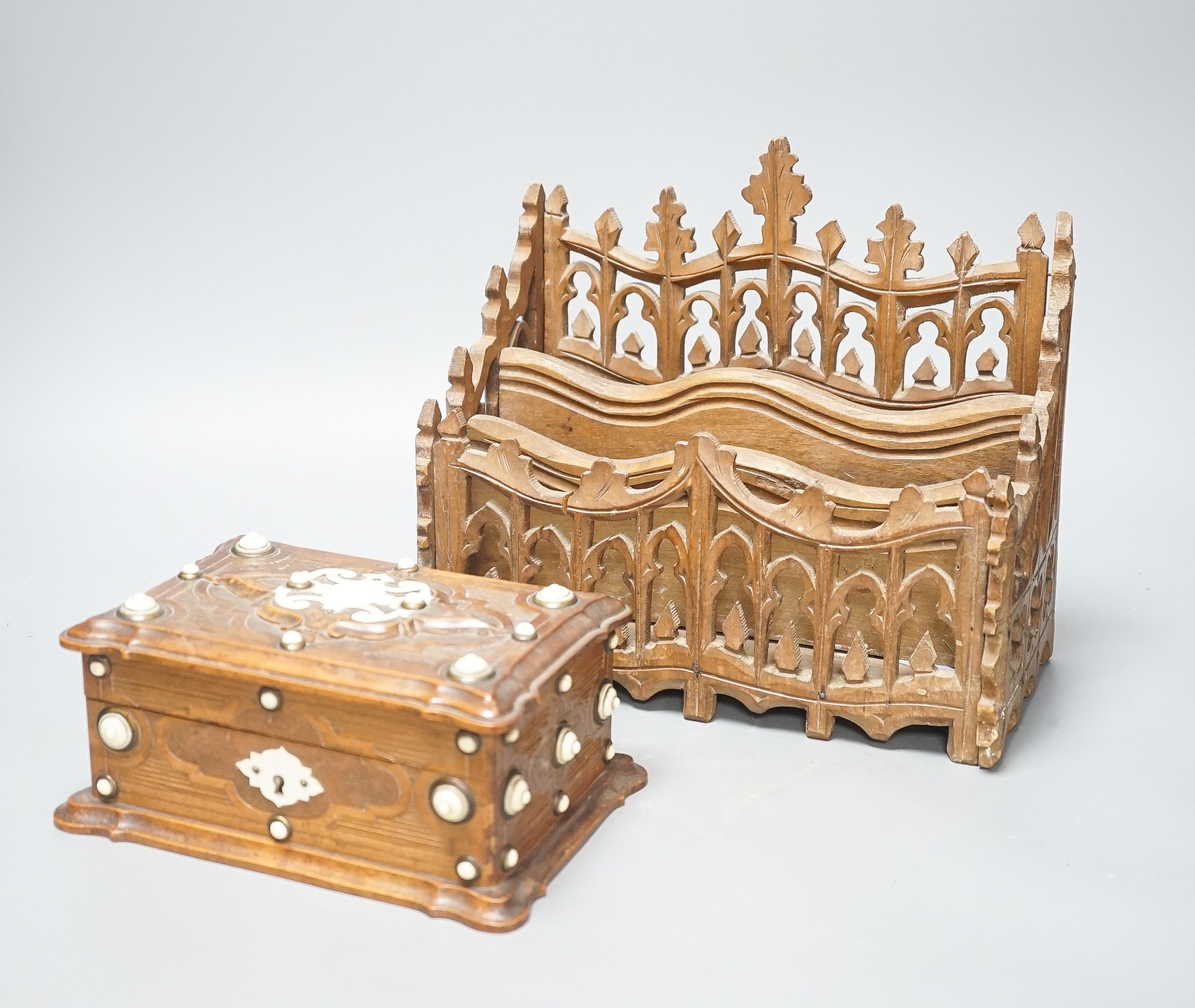 An Ivory mounted fruitwood box and a gothic style letter rack 25cm